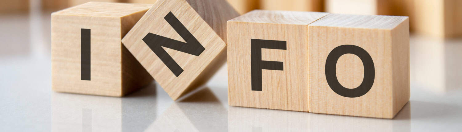 four wooden blocks with the letters info on the bright surface of a gray table, business concept